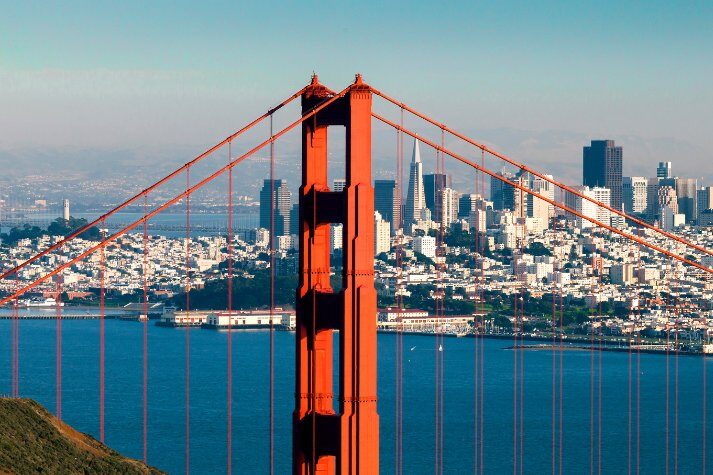 Golden Gate Bridge with San Francisco skyline in the background, representing Peninsula Water Heaters' service area